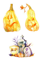 Halloween watercolor clipart, pumpkins, celemery, tombs, kids illustration, watercolor illustration, fall holidays, spooky, creepy, scary