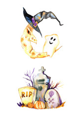Halloween watercolor clipart, night castle cemetery, tombs, evil moon, ghosts, kids illustration, watercolor illustration, fall holidays, spooky, creepy, scary