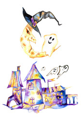 Halloween watercolor clipart, night castle, evil moon, cute ghost,ghosts, kids illustration, watercolor illustration, fall holidays, spooky, creepy, scary