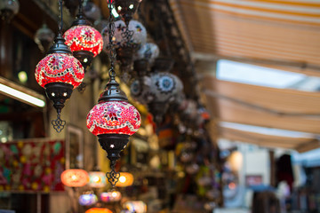 Range Of Colorful Turkish Or Arabic Glass Lamps Lanterns With Ornament Design Patterns Hanging In Souvenir Shop At Sarajevo Streets Bosnia Herzegovina Europe