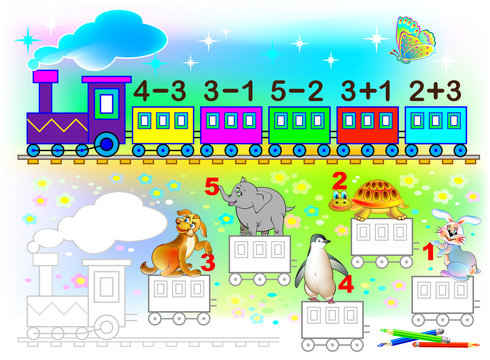Mathematical worksheet for young children on addition and subtraction. Need to solve examples and paint the train wagons in relevant colors. Developing skills for counting. Vector image.