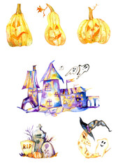Halloween watercolor illustration, dark castle with ghosts, evil moon, pumpkins, cemetery, tombs, watercolor clip art, fall holiday season, kids illustration, fun, cute, purple and orange