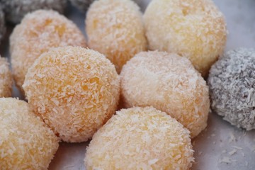 A lot of donut and strawberry jam