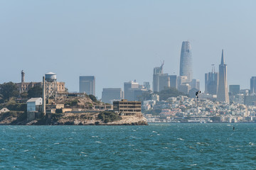 alcatraz island and san francisco skyline at background