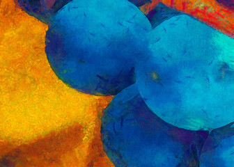 Summer juicy blue grapes. Yellow grape leaves. Painted on canvas watercolor and oil artwork. Good for printed picture, design postcard, posters and wallpapers. Can be use as colorful artistic texture.