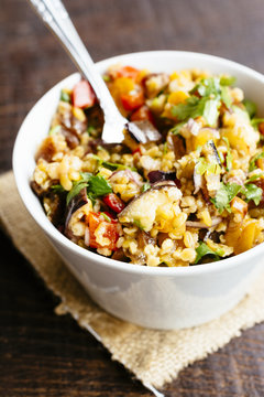 Freekeh Salad with Eggplant, Apricots and Dates