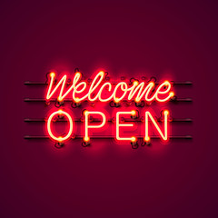 Neon welcome open signboard on the red background. Vector illustration