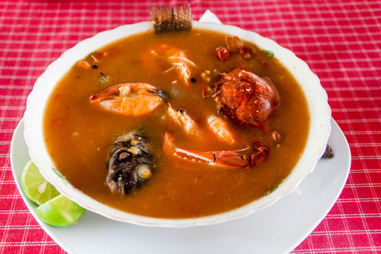 Seafood soup in Monterrico village on Pacific coast of Guatemala