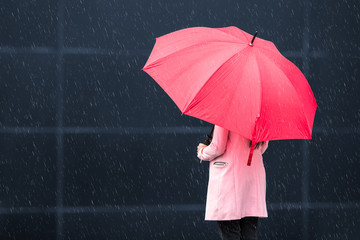 Girl with red umbrella on rainy day - obrazy, fototapety, plakaty
