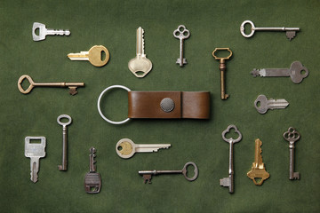 keys arranged around a key chain on green canvas fabric