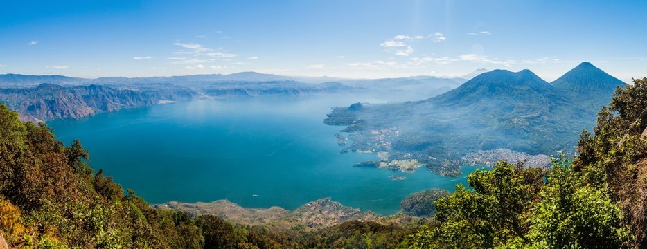 Atitlan lake in Guatemala, picture taken from San Pedro volcano. Volcanoes Cerro de Oro, Toliman, Atitlan at the right side.