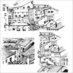 Roofs of houses. Three sketches.