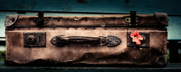 Fototapeta na wymiar Vintage suitcase is lying on the bench. In the suitcase lock the inserted flower. 