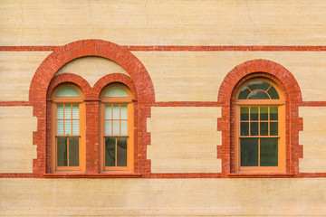 Two windows in a row on facade of Flagler College front view, Saint Augustine, USA