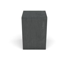 3d rendering of a large black stereo box with two round speakers on white background.