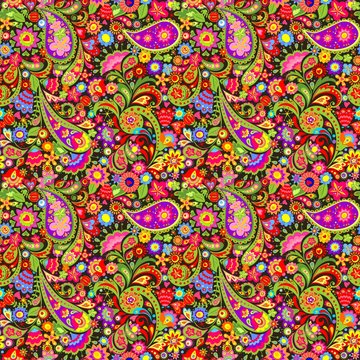 Turkish decorative colorful ethnic wallpaper with absatrct flowers and paisley pattern