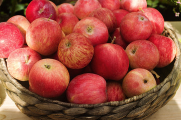 Wicker basket with raw organic red apples on autumnal seasonal farmer`s marke