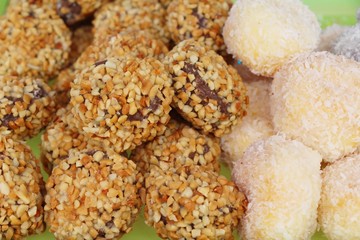 A lot of donut and strawberry jam