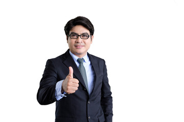 Middle-aged asian smile happy business man standing isolated white background,business people concept