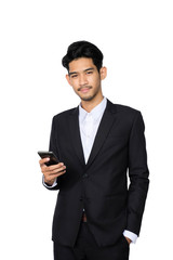 Young handsome asian business man using smartphone contact with partner while standing isolated white background,business people concept