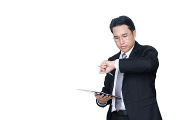 Middle-aged asian business man using smartphone contact with partner while standing and looking chart about finance data isolated white back,ground,business people concept