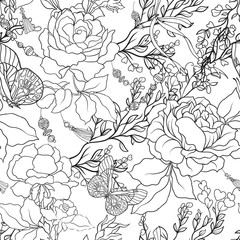 Roses. Seamless Pattern. Stock line vector illustrator.