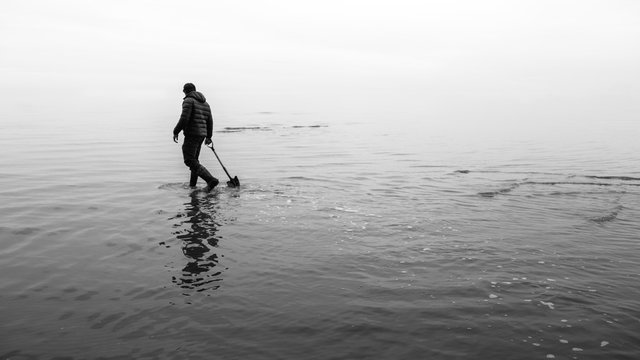 Person walking in water looking for fossil specimens for research