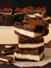 Brownie with cheesecake filling is cut into small squares
