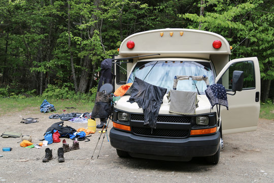 Drying oudoor camping equipment while living and travelling in bus