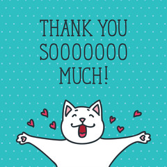 Thank You card with cute white cat on dotted background. Hand drawn vector illustration