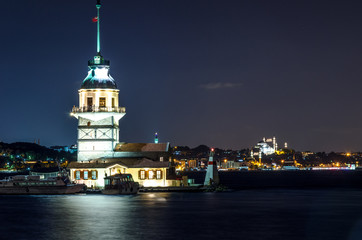 tower is shinning on the sea in istanbul 