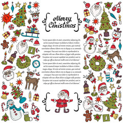 Cover with hand drawn colored symbols of happy new year. Illustration on the theme of Merry Christmas