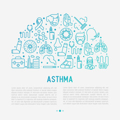 World asthma day concept in half circle with thin line icons: air pollution, smoking, respirator, therapist, inhaler, bronchi, allergy symptoms and allergens. Vector illustration for banner, web page.