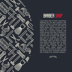 Monochrome barber shop concept with thin line icons of shaving accessories and place for text inside. Vector illustration for web page, banner, print media.
