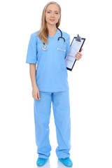 Smiling young nurse portrait isolated over white background. 