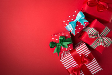 Red Christmas presents on red