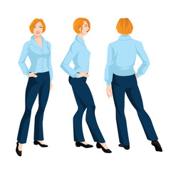 Vector illustration of corporate dress code. Business woman or secretary in formal clothes. Front view, side and back view. Woman in blue blouse, pants and beige shoes isolated on white background.