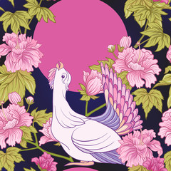 Seamless pattern with pink peony and bird in Japanese style. Vec