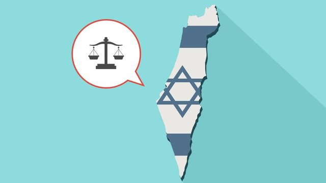 Animation of a long shadow Israel map with its flag and a comic balloon with a justice weight scale sign