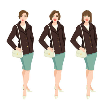 Vector illustration of businesswoman or teacher in formal clothes isolated on white background. Woman with different haircut