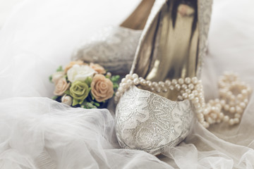 Arranged bridal shoes and accessories - obrazy, fototapety, plakaty