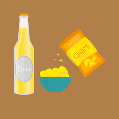 Set of beer bottle, mug and snack made in flat style.