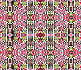 Seamless striped vector pattern. Vintage colored decorative repainting background with tribal and ethnic motifs. Abstract geometric roughly hatched shapes colored with hand drawn brush stokes.