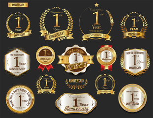 Anniversary golden laurel wreath and badges 1 year vector collection