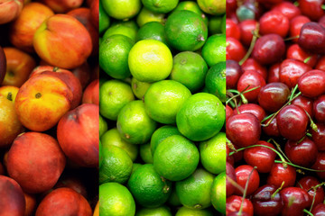 collage of fresh fruits: peach, cherry and lime