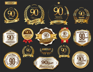 Anniversary golden laurel wreath and badges 90 years vector collection