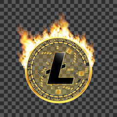 Crypto currency golden coin with black lackered litecoin symbol on obverse surrounded by realistic flame and isolated on transparent background. Vector illustration.