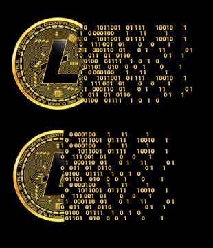 Set of crypto currency golden coins with black lackered litecoin symbol on obverse isolated on black background. Vector illustration. Use for logos, print products, page and web decor or other design.