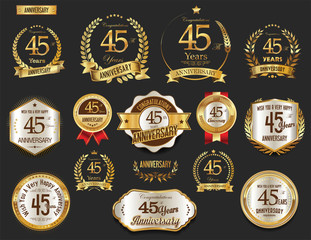 Anniversary golden laurel wreath and badges 45 years vector collection