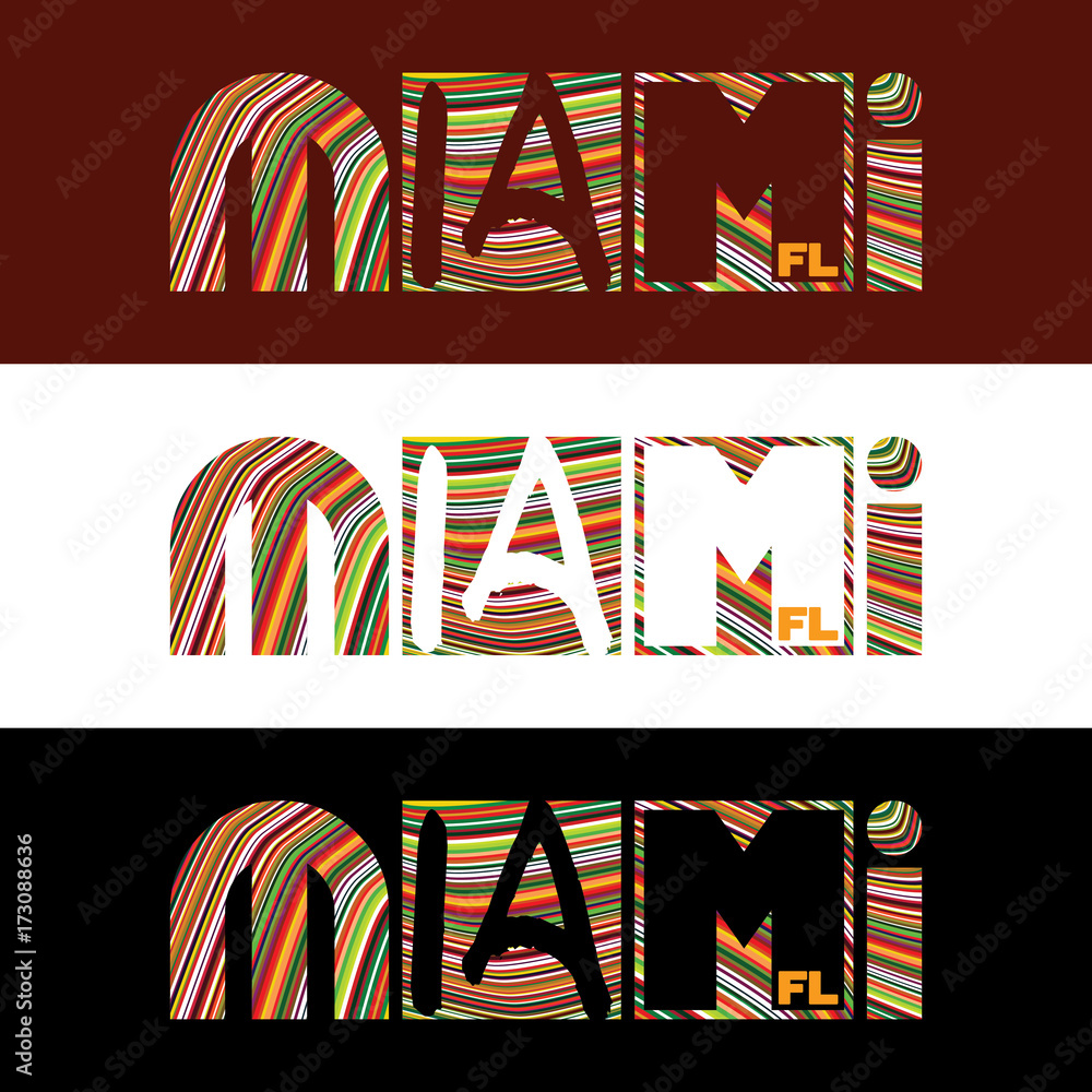 Poster creative design miami typography with colorful strips. vector graphics. cmyk colors